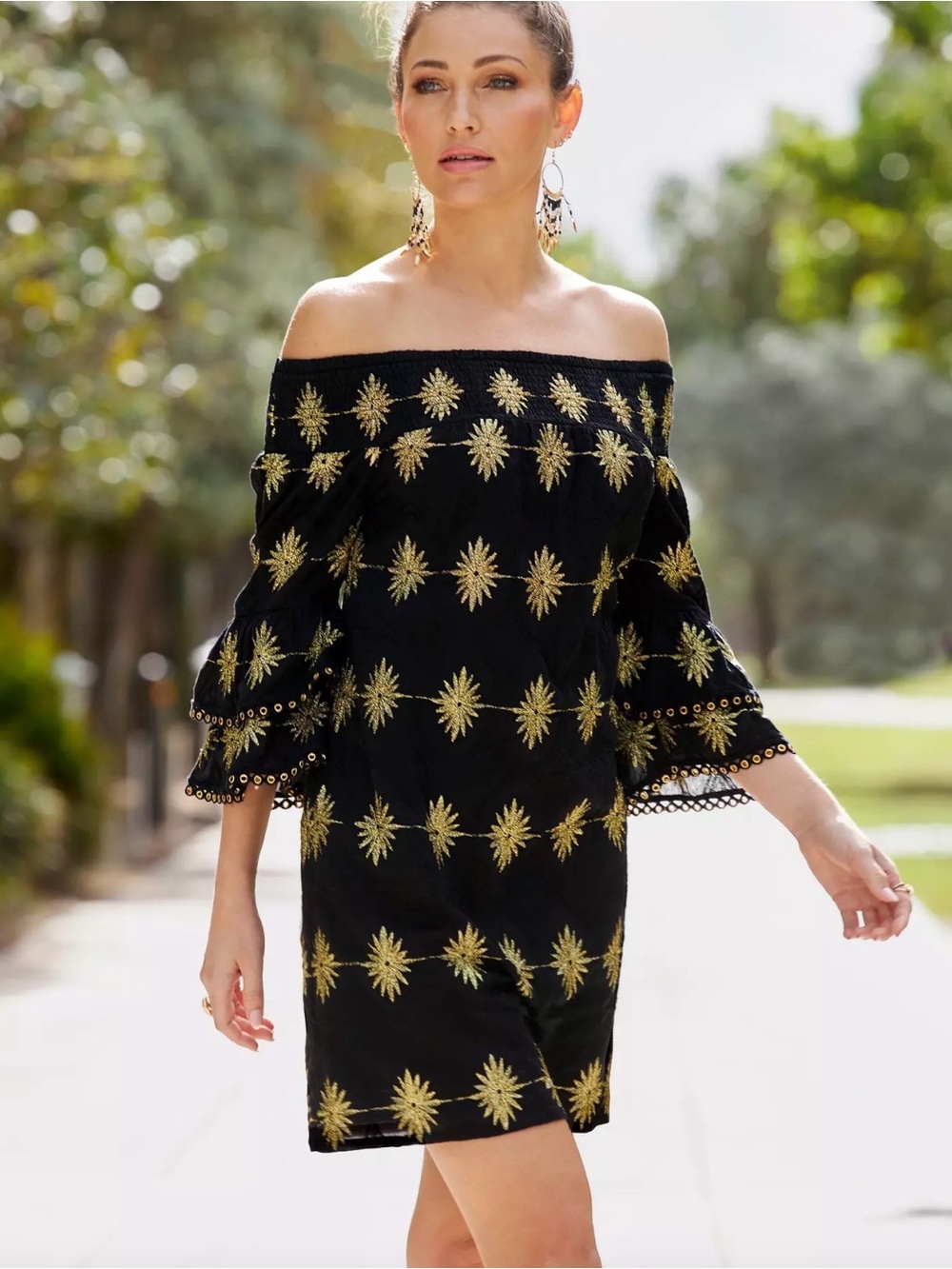 Boston Proper Metallic Detail Off-The-Shoulder Dress Black/Gold